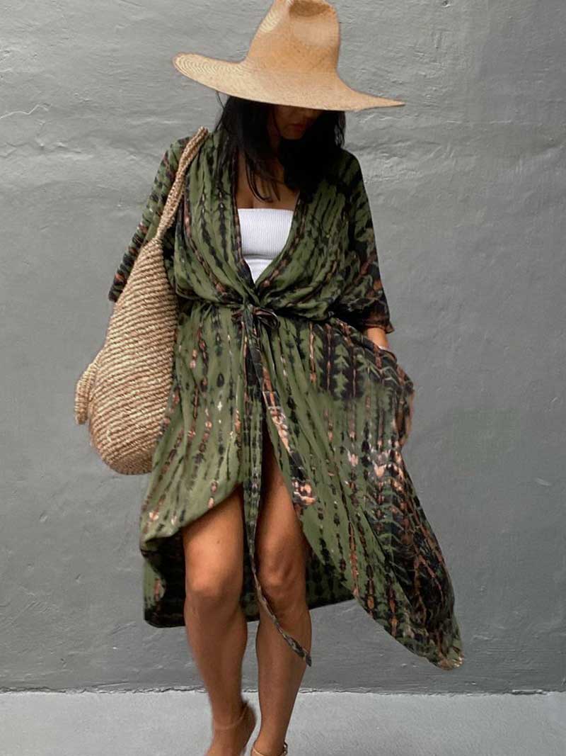 Tie-Dye Stripe Print Open Front Long Kimono Duster Robe 2