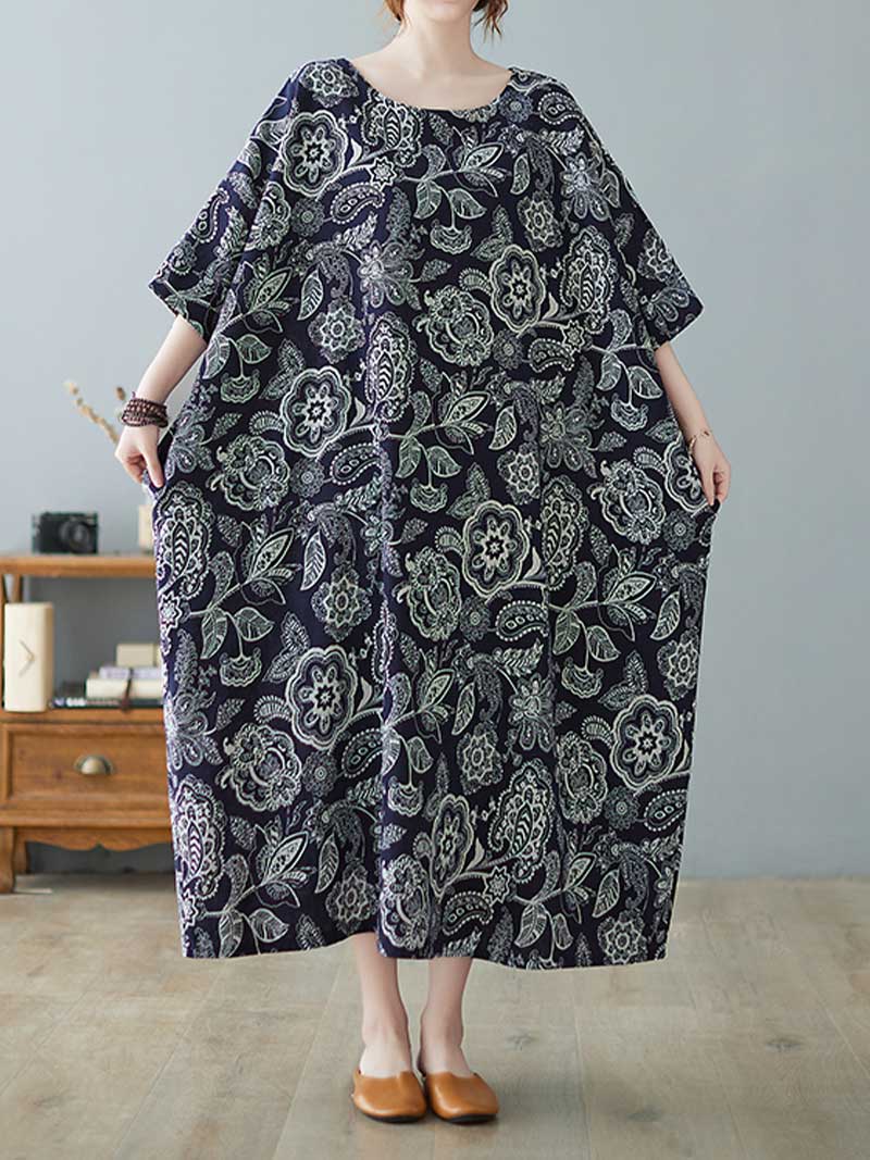 Navy Blue Round Neck Paisley Floral Print Short Sleeve Loose Maxi Dress 4