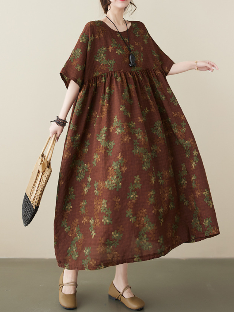 Coffee Round Neck Floral Cluster Smock Empire Waist Maxi Dress