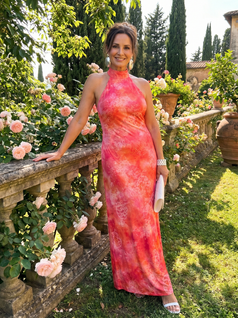 Orange Halter Neck Sleeveless Tie-Dye Print Backless Column Maxi Dress 5