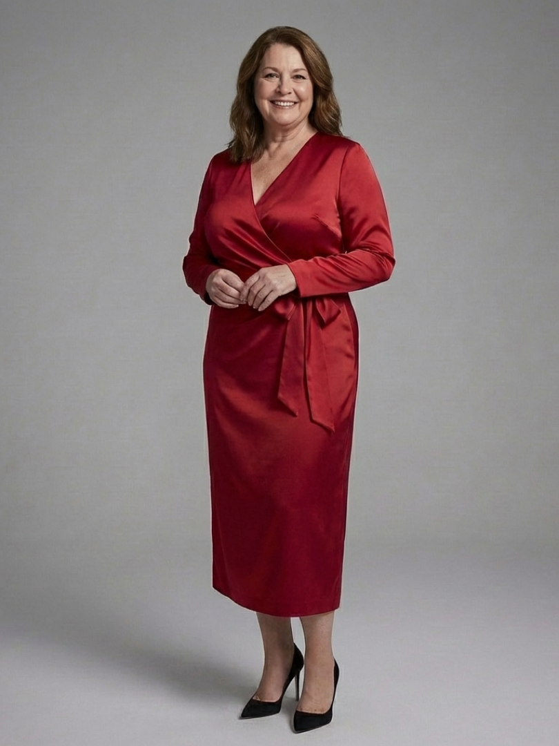 V-Neck Satin Long Sleeve Tie Waist Wrap Midi Dress 5