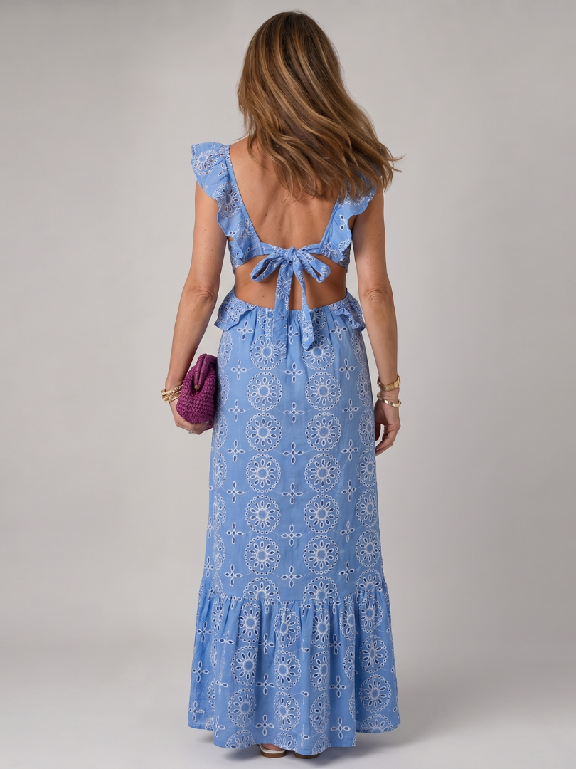 Sky Blue V-Neck Ruffle Flutter Sleeve Eyelet Embroidery Cutout A-Line Maxi Dress