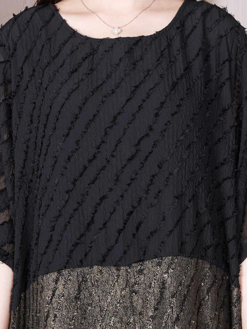 Black Round Neck Batwing Sleeve Textured Metallic Panel Loose Maxi Dress 4