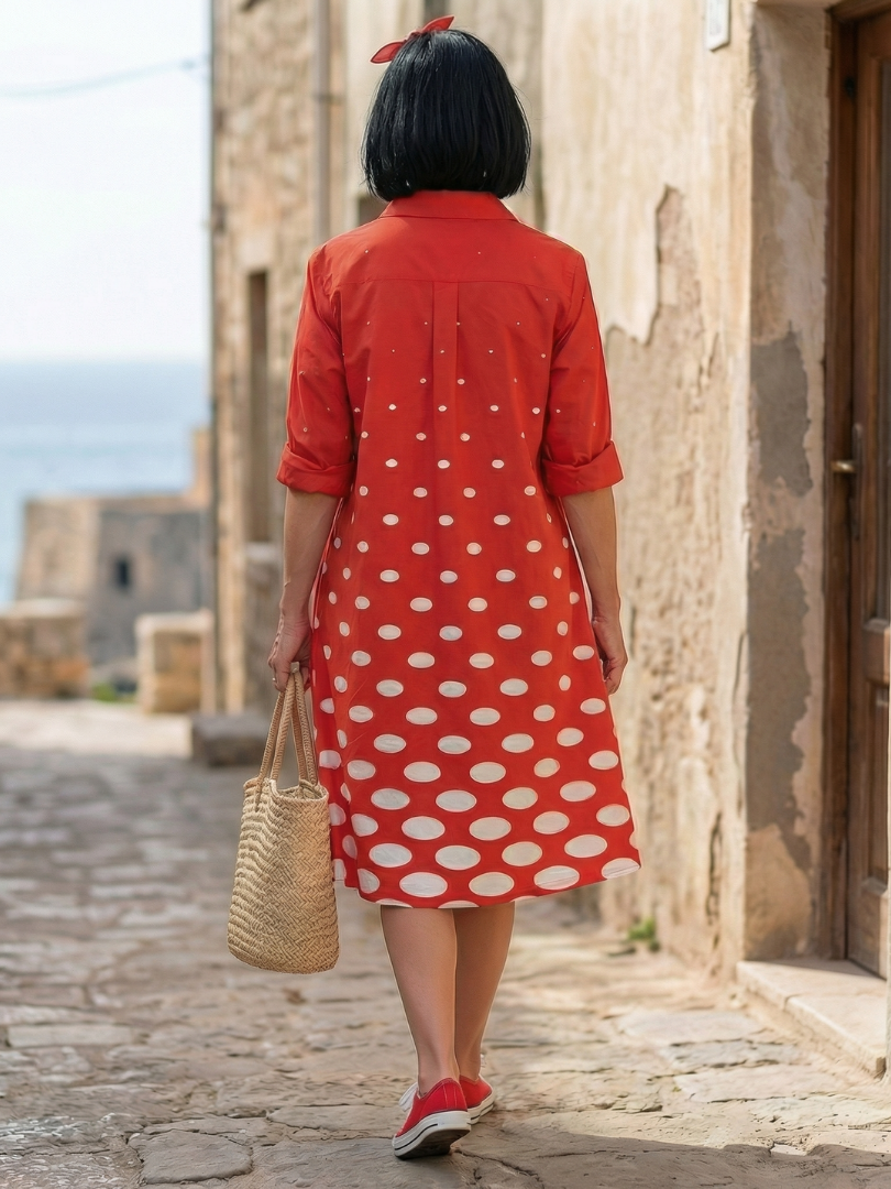 Red Collared Polka Dot Long Sleeve A-Line Shirt Midi Dress