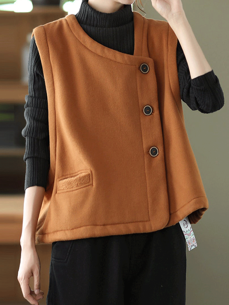 Round Neck Asymmetric Button Sleeveless Pocket Vest 3