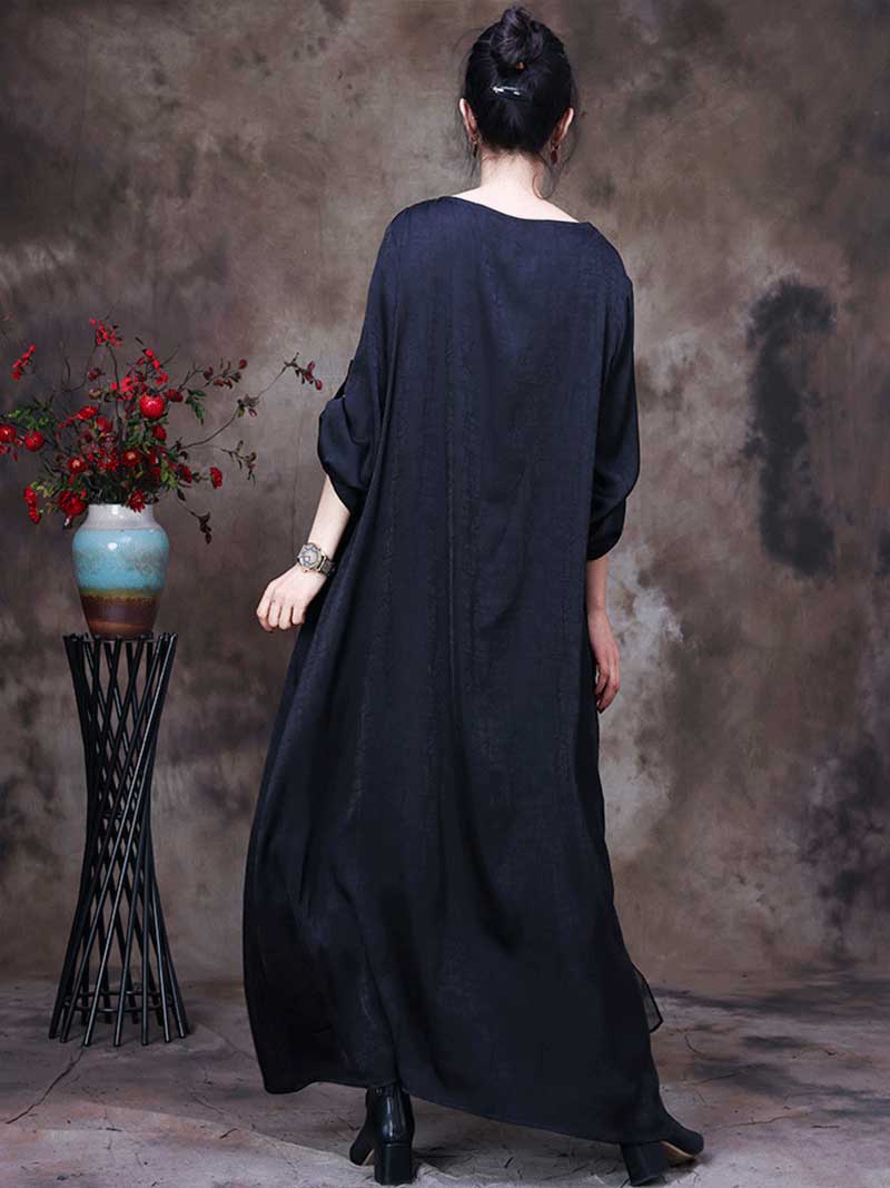 Black Round Neck Floral Embroidered Applique Loose A-Line Maxi Dress 2
