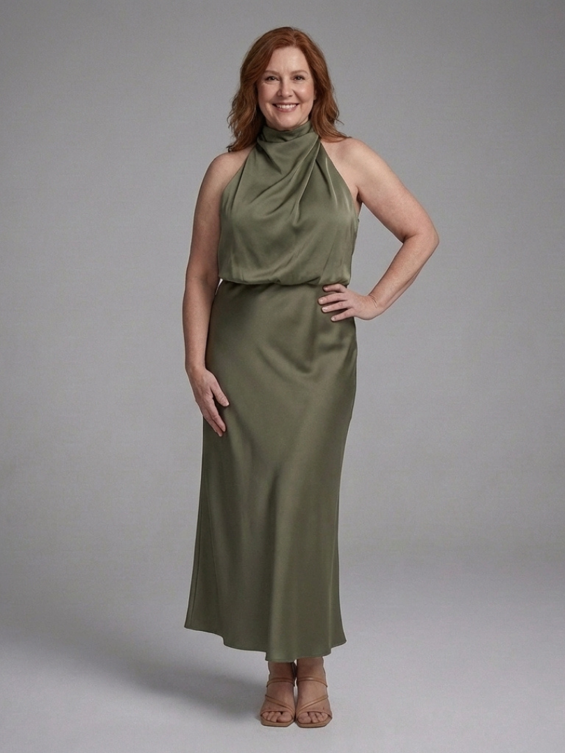 Halter Neck Satin Blouson Bias Midi Dress 5
