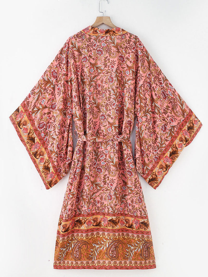 Pink Floral Paisley Print Belted Long Length Kimono Robe