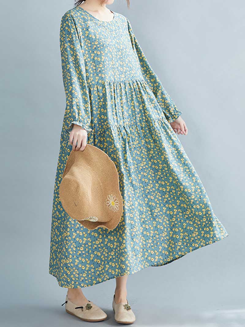 Green Round Neck Long Sleeve Ditsy Floral Print Tiered Midi Dress 3