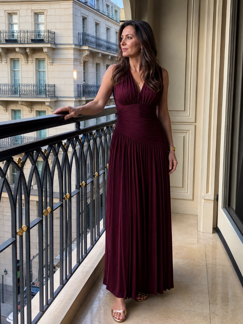 V-Neck Sleeveless Ruched Pleated Bodice Maxi Gown 5