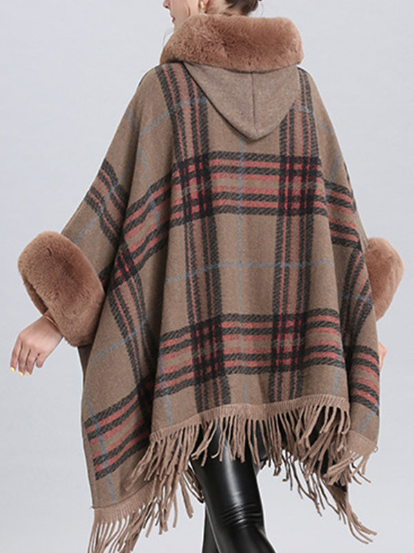 Faux Fur Trim Plaid Tassel Hem Cape Poncho Cardigan