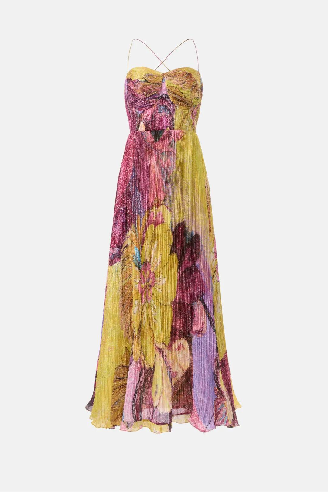 Kiara Multicolored Spaghetti Strap Floral Pleated Cutout Waist Flowy Maxi Dress