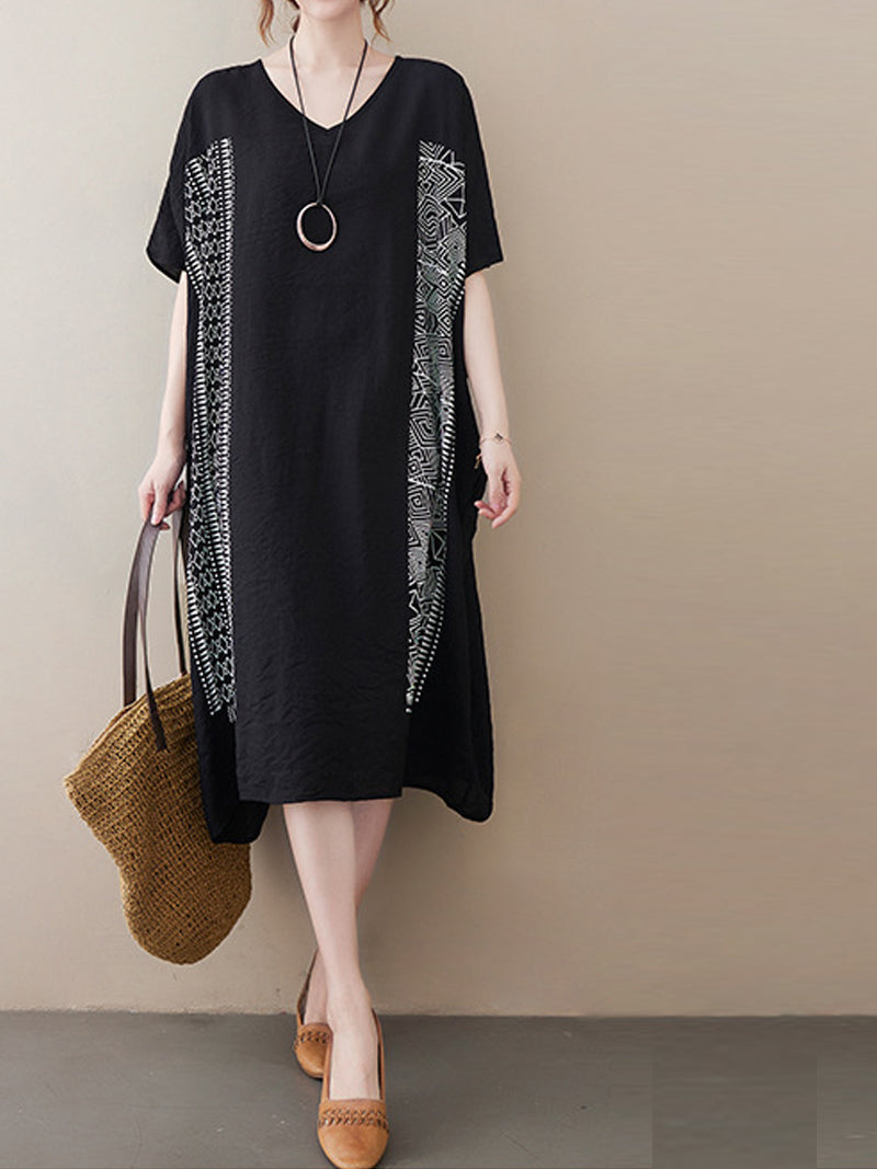 V-Neck Batwing Sleeve Geometric Print Loose Oversized Midi Dress 13