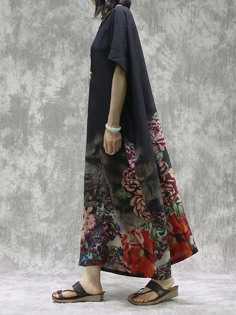 Black V-Neck Batwing Sleeve Floral Peony Print Loose Maxi Dress
