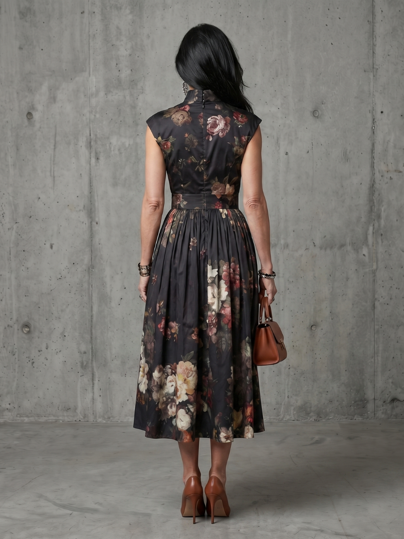 Black High Neck Keyhole Floral Pleated A-Line Midi Dress