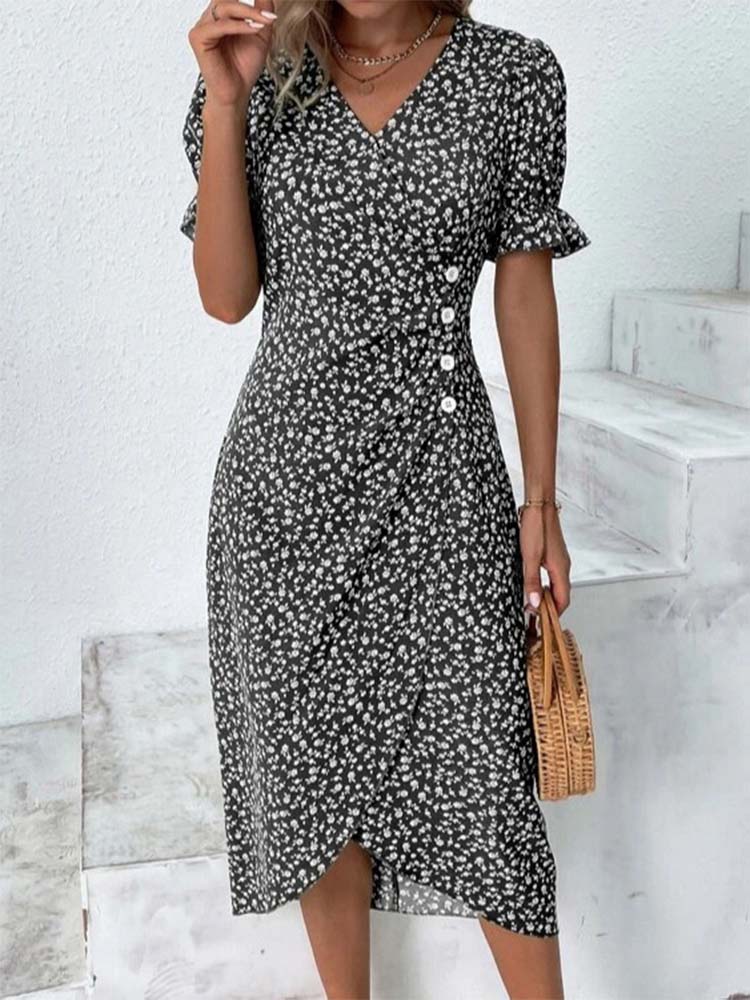 Fresh Short Sleeve Green Midi Dress