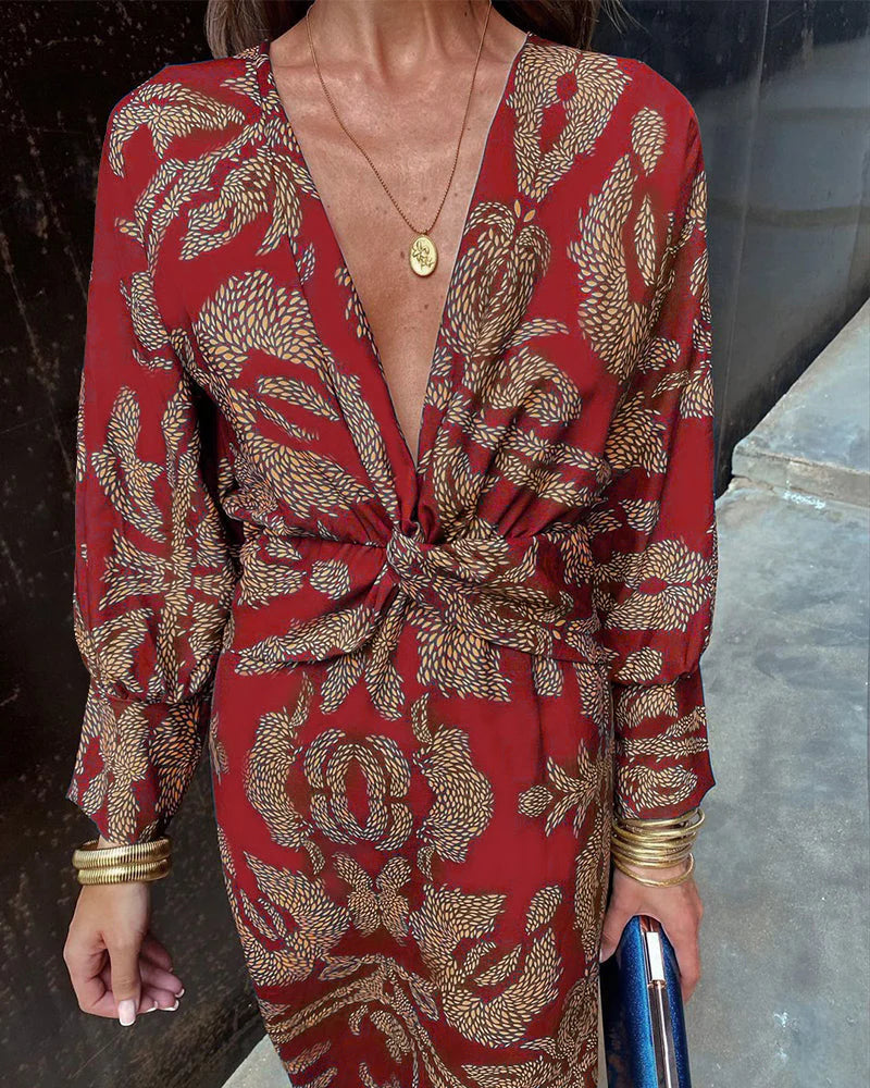 Deep V-Neck Floral Print Twist Front Long Sleeve Bodycon Midi Dress 5