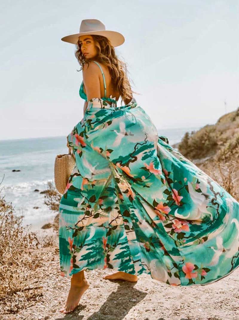 Green Tie Waist Floral Crane Print Long Kimono Robe 7