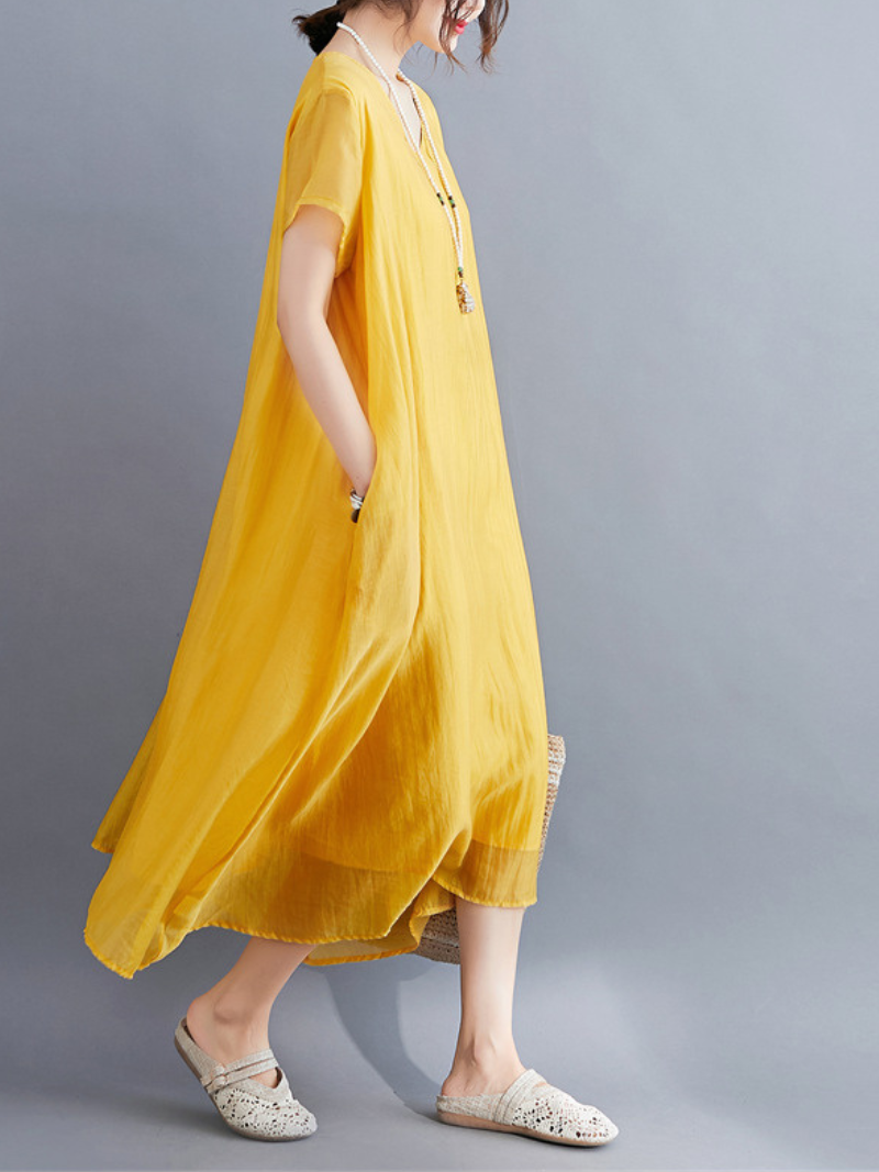 V-Neck Short Sleeve Layered Chiffon Loose A-Line Maxi Dress 5