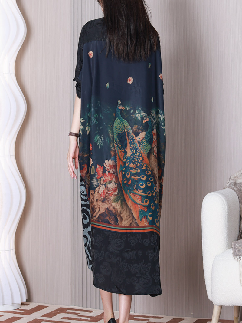 Black Stand Collar Button Front Floral Patchwork Short Sleeve Shirt Midi Dress
