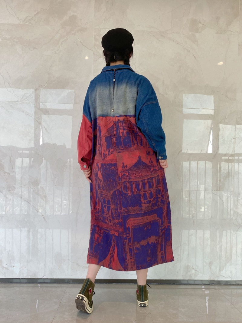 Lapel Collar Button Front Graphic Print Long Denim Coat