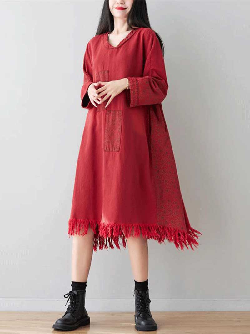 V-Neck Patch Pocket Denim Long Sleeve Frayed Tassel Hem Midi Dress 4
