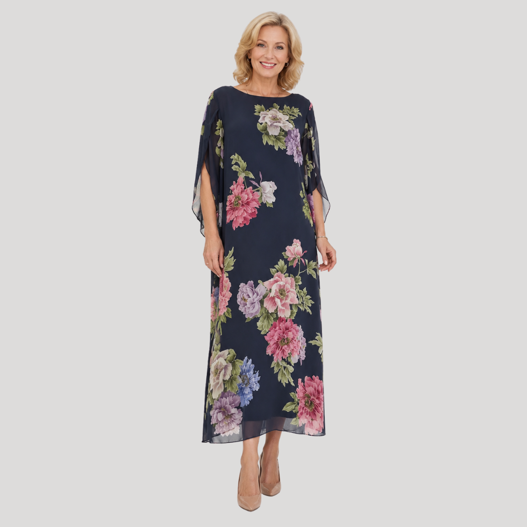 Blue Round Neck Floral Chiffon Cape Sleeve Shift Maxi Dress