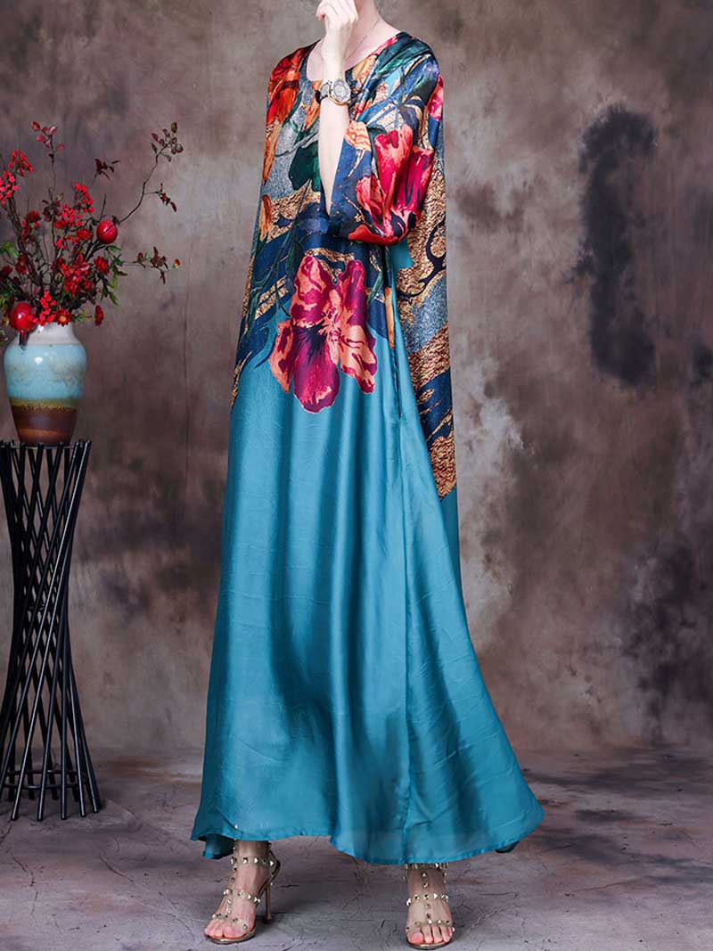 Round Neck Batwing Sleeve Floral Colorblock Loose Maxi Dress 5