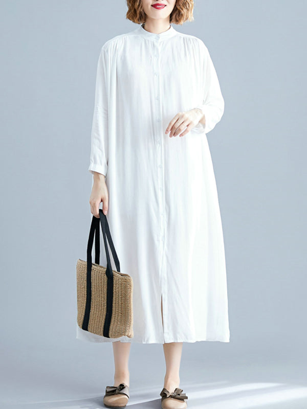 Stand Collar Long Sleeve Button Front Loose Shirt Midi Dress 15