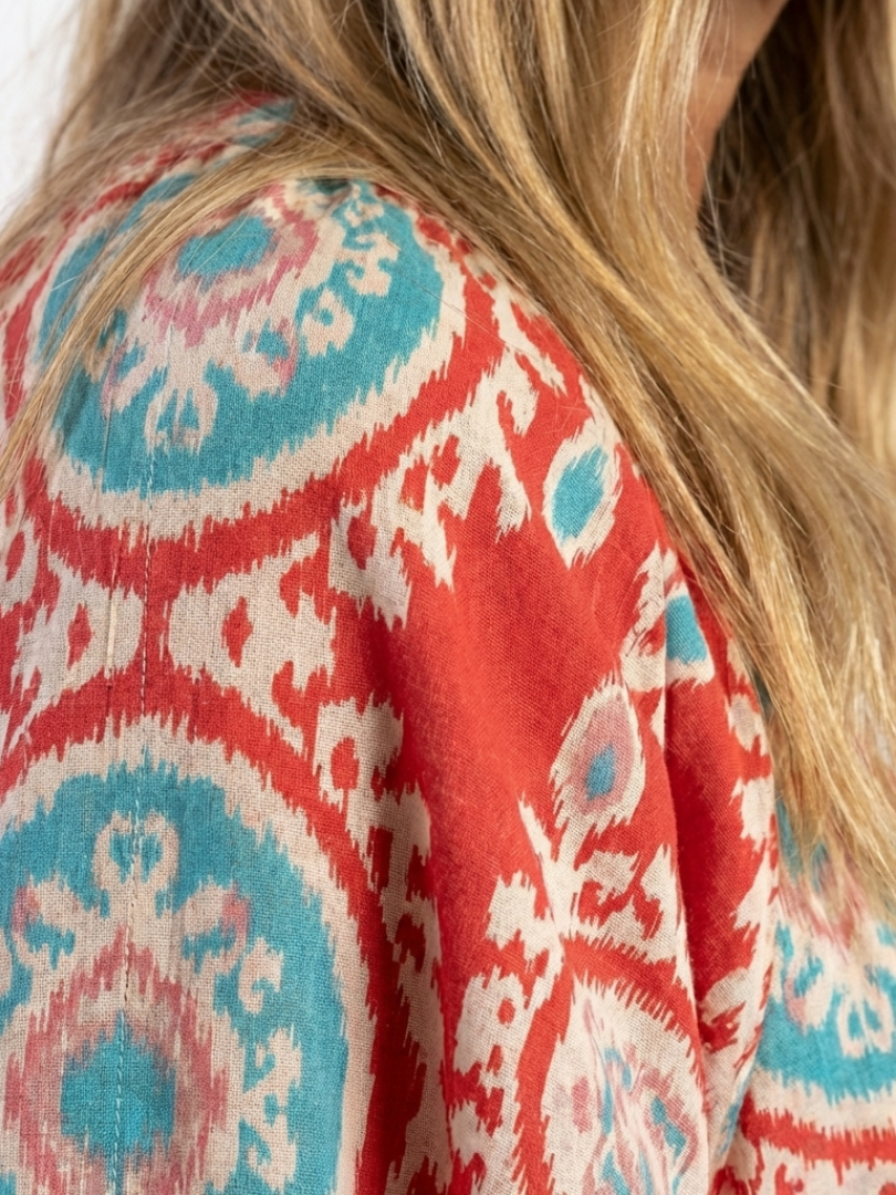 Red Split Neck Ikat Medallion Puff Sleeve Tiered Maxi Dress 3