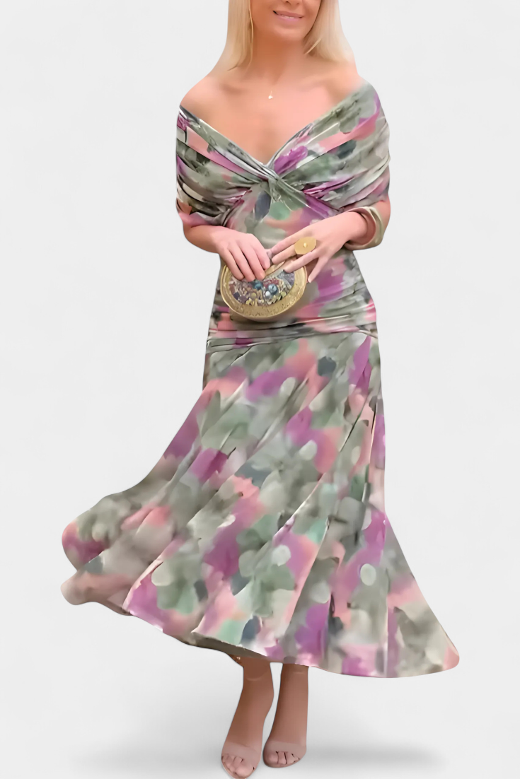 V-Neck Twist Front Draped Sheer Sleeve Ruched Bodycon Maxi Dress