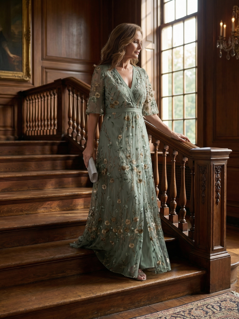 Sage Green Surplice V-Neck Floral Embroidered Flutter Sleeve Chiffon Maxi Gown 5