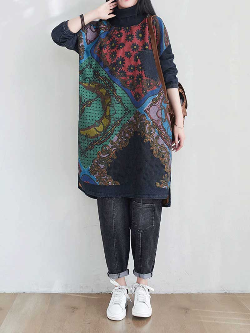 Round Neck Mixed Print Plaid Panel Long Sleeve Shift Midi Dress 8