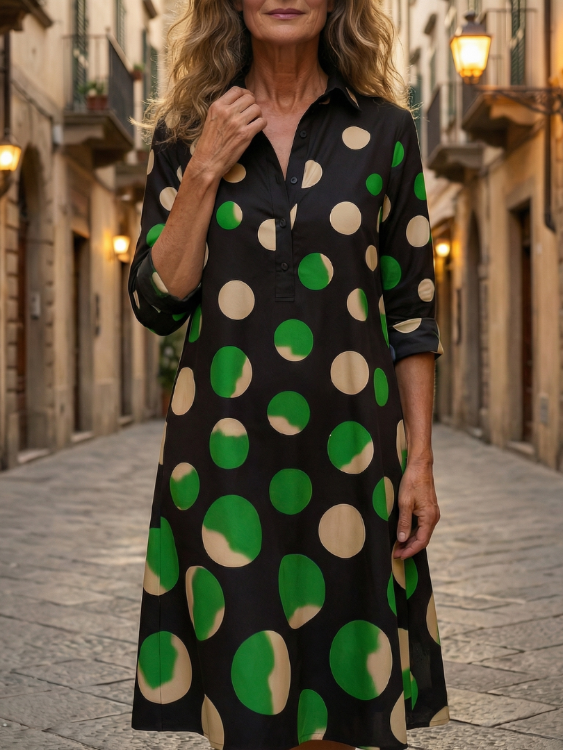 Black Collared Half Placket Polka Dot Three-Quarter Sleeve Shirt Midi Dress
