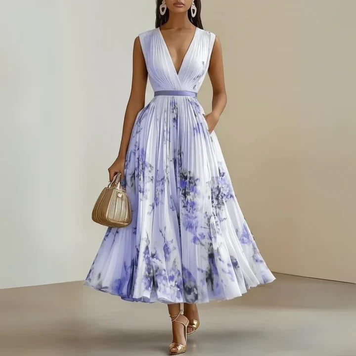 V-Neck Sleeveless Pleated Belted Watercolor Floral A-Line Midi Dress 5