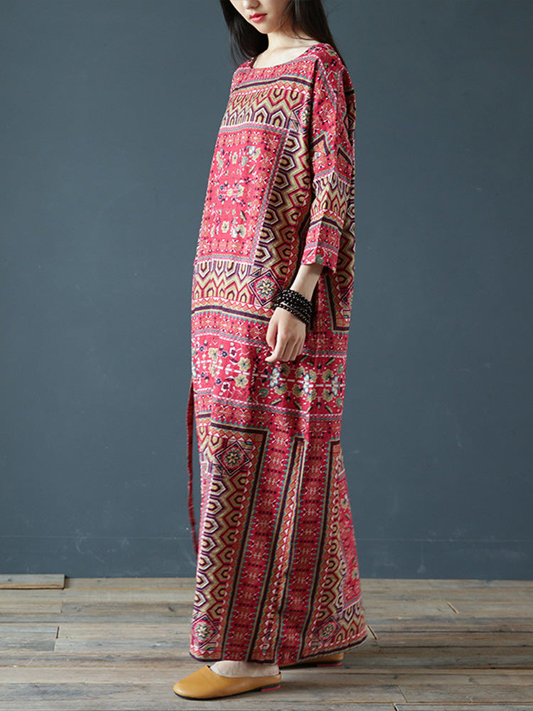 Red Round Neck Ethnic Print Tie Waist Loose Kaftan Maxi Dress