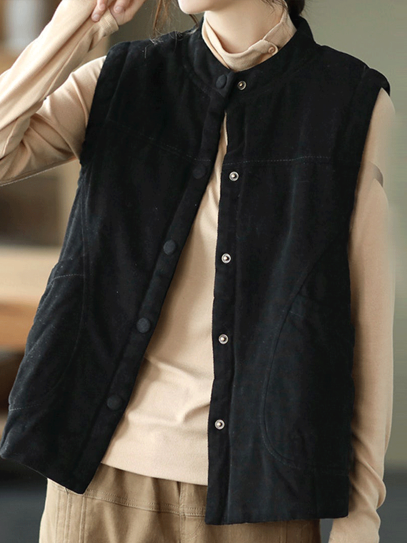 Stand Collar Button-Front Quilted Sleeveless Vest