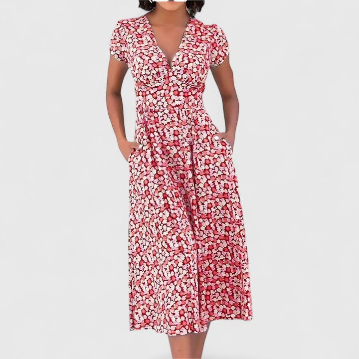 V-Neck Cap Sleeve Ditsy Floral Wrap A-Line Midi Dress 4