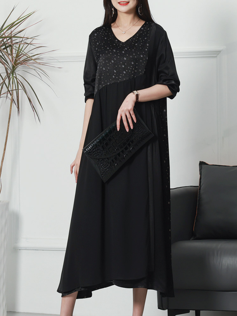 Fashionable V-neck Neck Middle Waist Star Pattern Midi-Dress