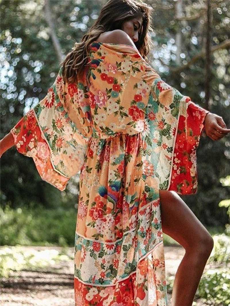 Pink Floral Print Chiffon Tie Waist Long Open Front Kimono 4