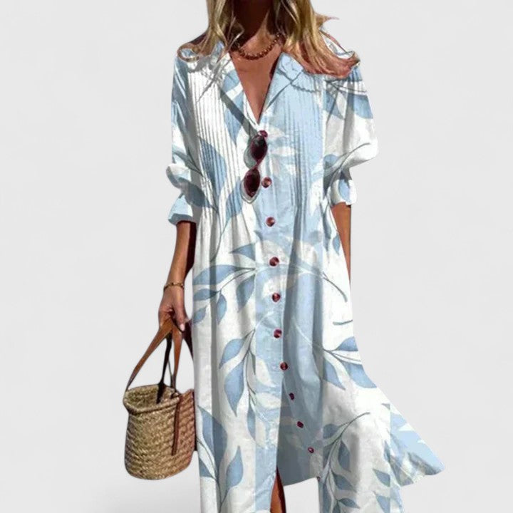 Collared Button Placket Watercolor Floral Long Sleeve Shirt Maxi Dress 5
