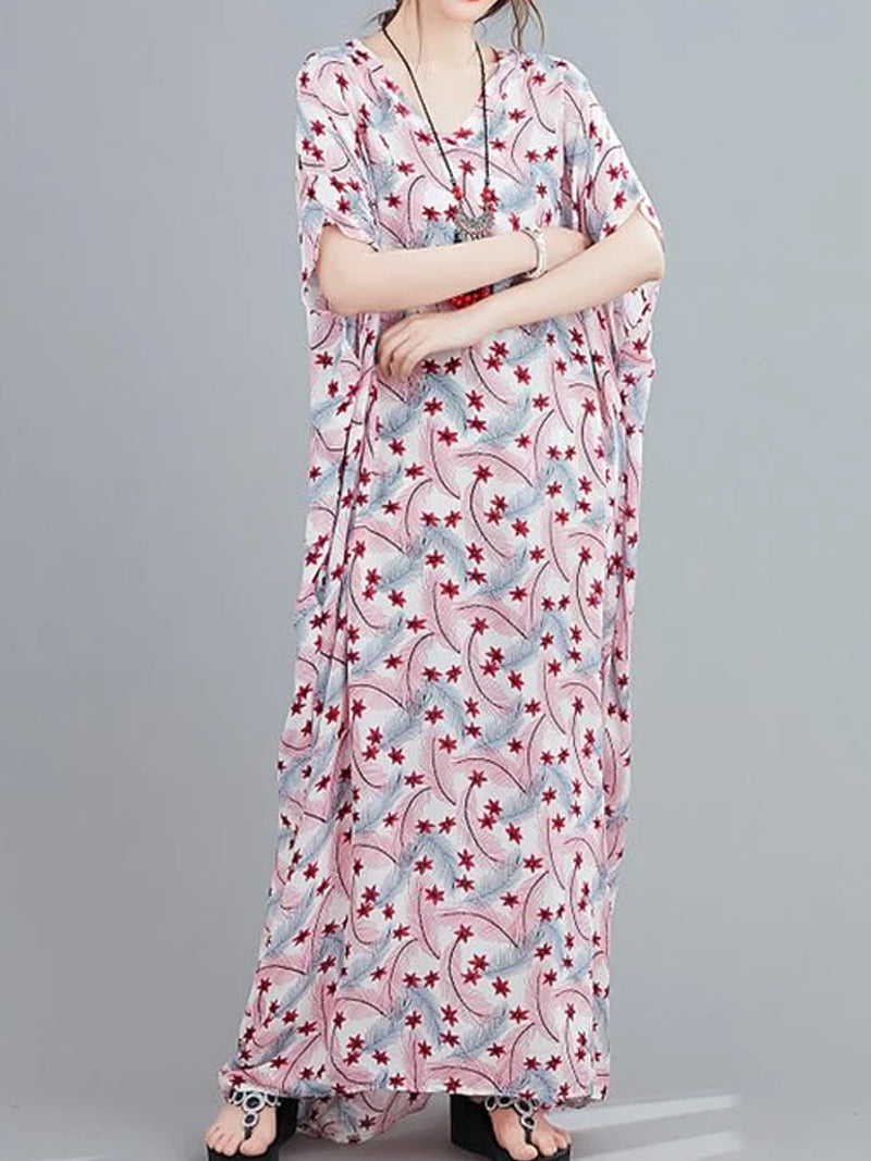 V-Neck Floral Print Batwing Sleeve Loose Kaftan Maxi Dress 7
