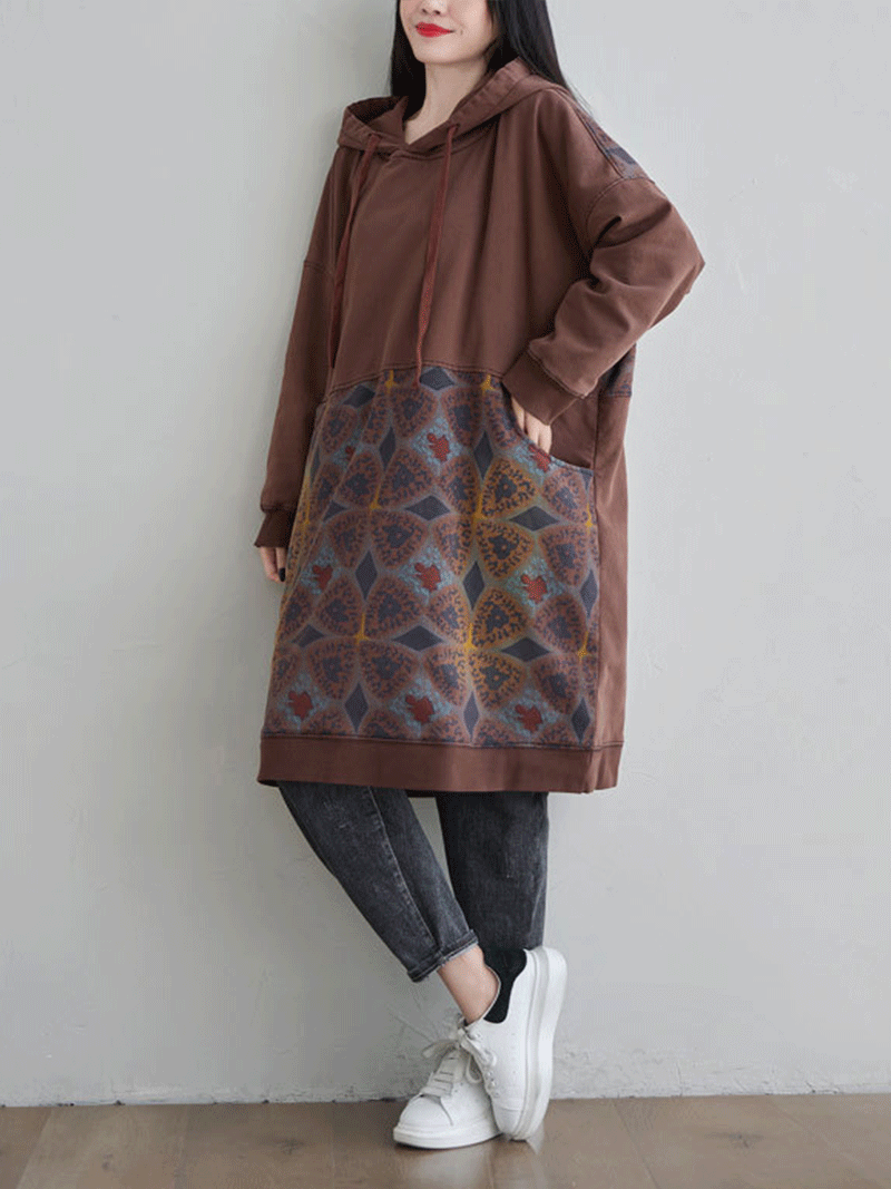 Hooded Drawstring Printed Pocket Sweatshirt Midi Dress 8