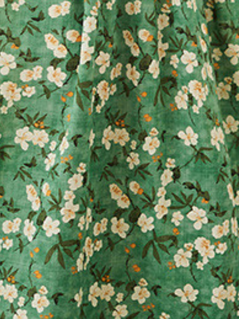 Green Round Neck Floral Short Sleeve Pleated Loose Smock Maxi Dress