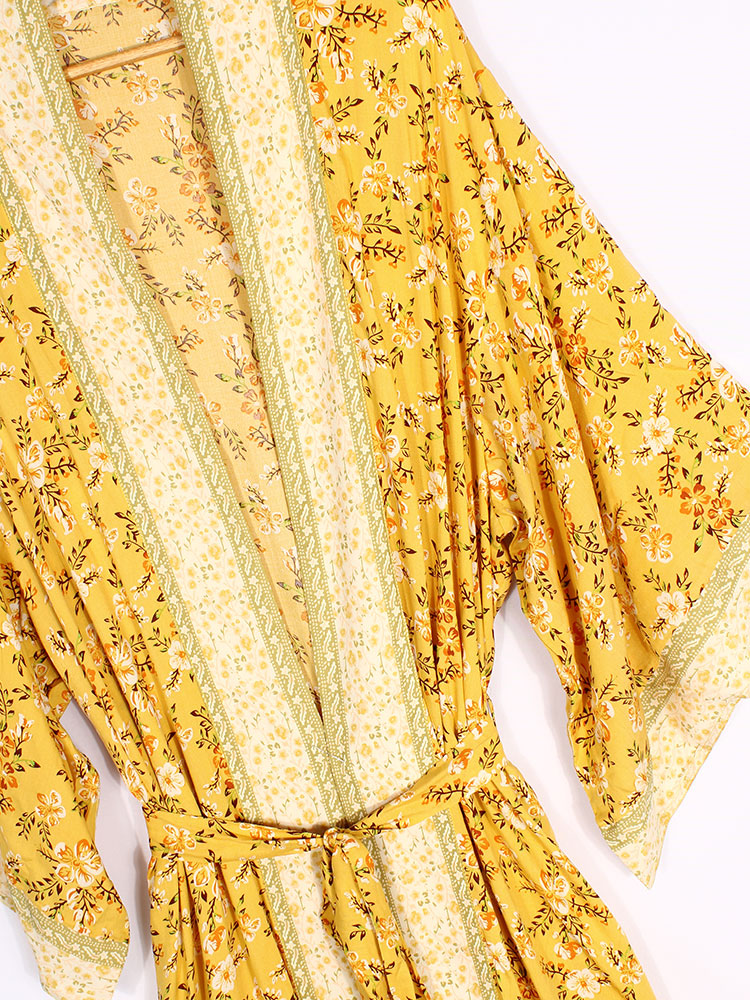 Yellow Ditsy Floral Print Open Front Long Kimono Robe 8