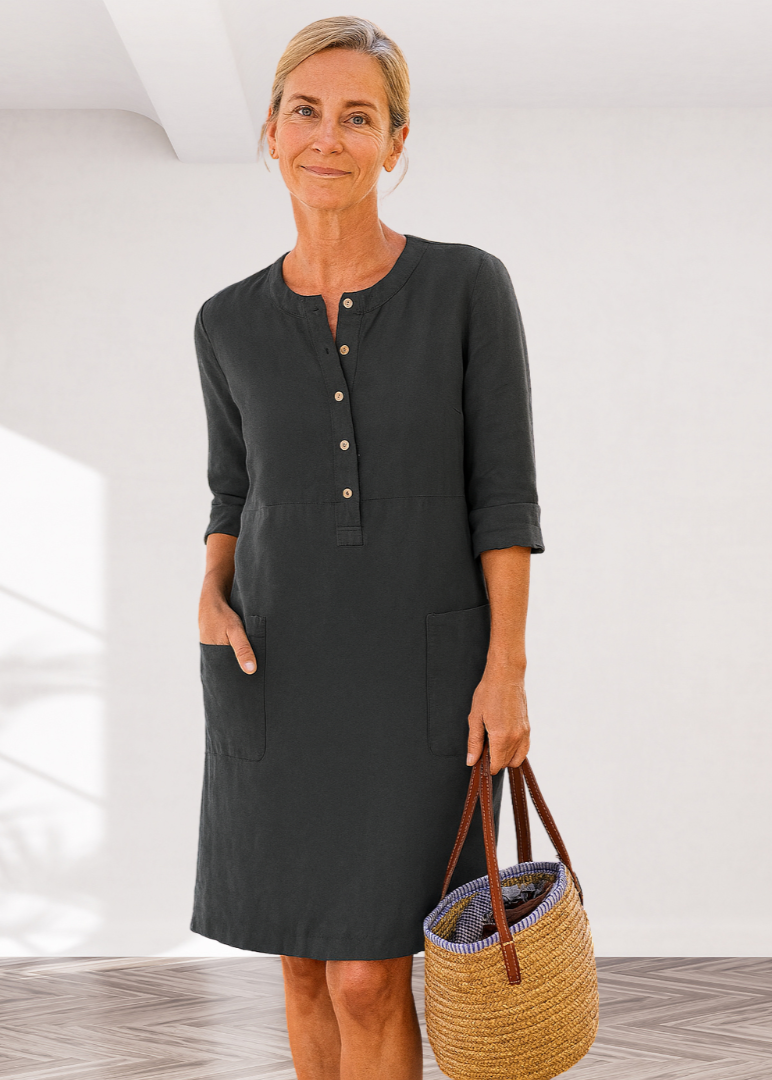 Henley Neck Roll Sleeve Patch Pocket Linen Shift Midi Dress 9