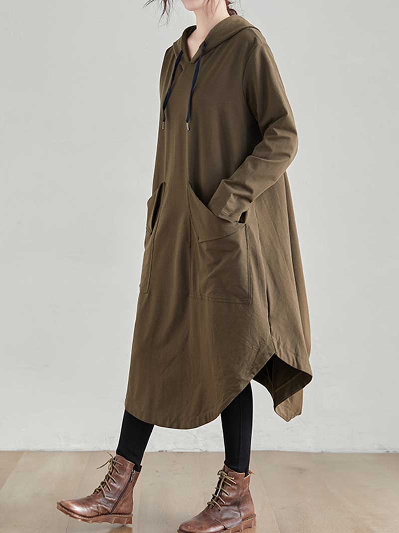Hooded Drawstring Long Sleeve Pocket Loose Hoodie Dress 7