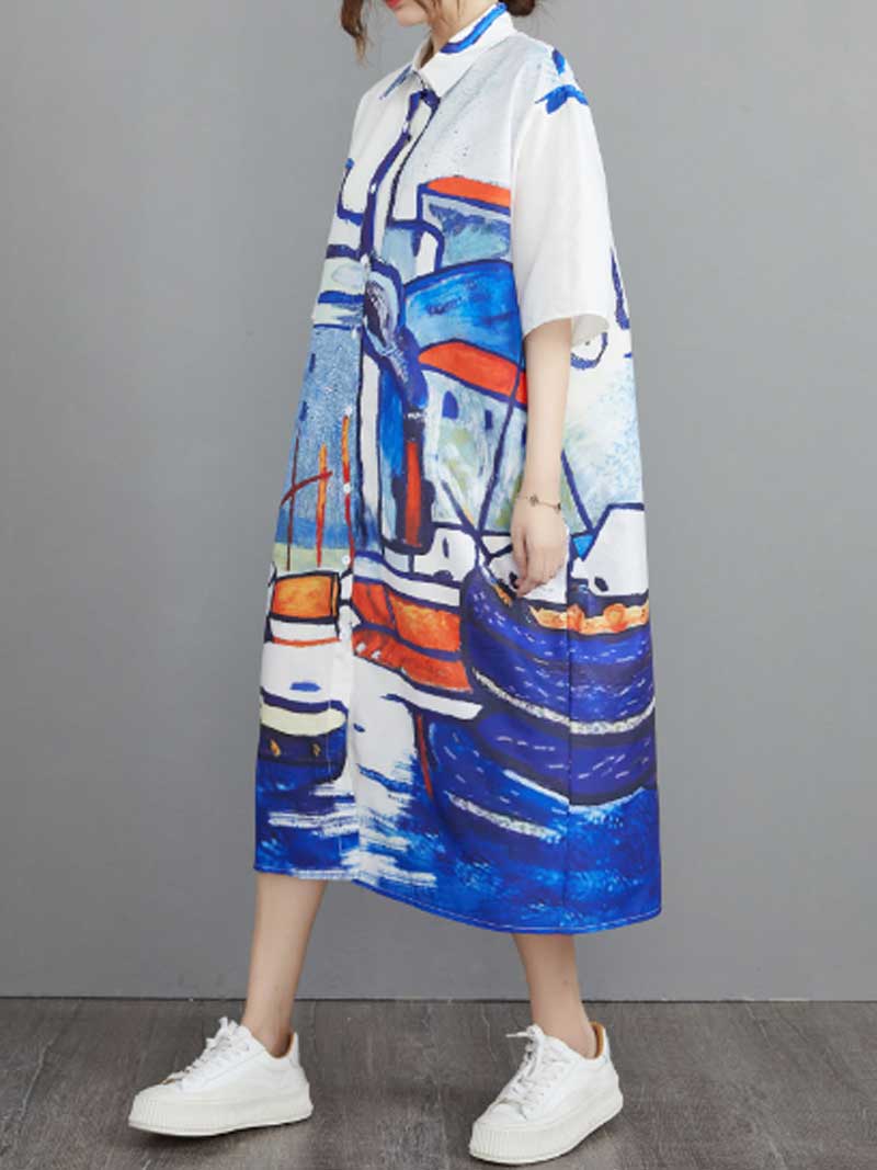 Collared Short Sleeve Abstract Art Print Midi Shirt Dress