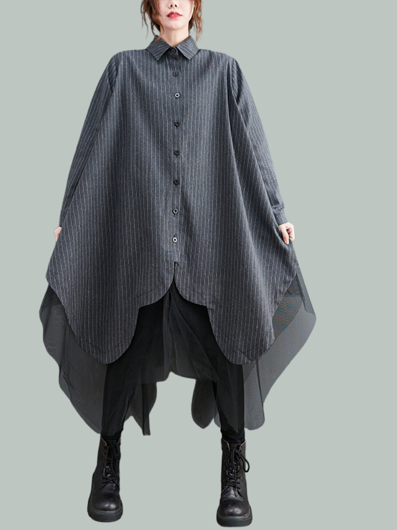 Collared Pinstripe Batwing Sleeve Oversized Button-Up Shirt Dress