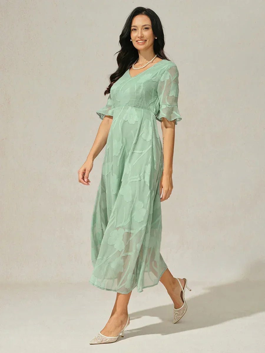 V-Neck Flutter Sleeve Floral Burnout Sheer A-Line Maxi Dress